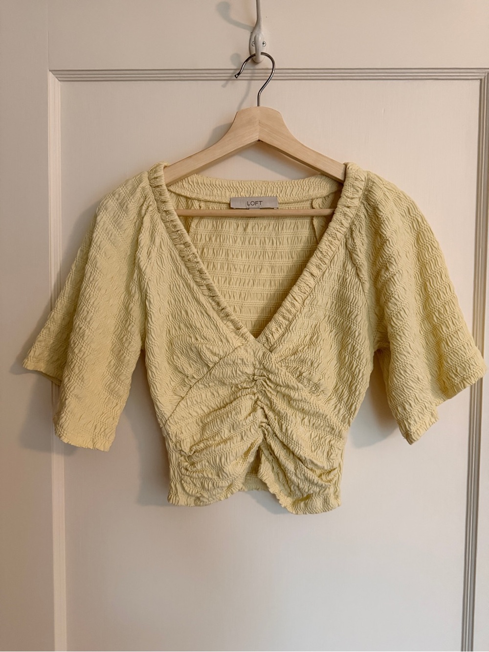 LOFT Smocked Cropped Bell Sleeve Cotton Top - Pale Butter Yellow - XS